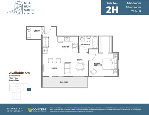 Floor plan for 1 bed, 1 bath, 718 sqft